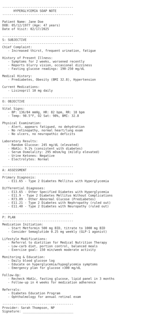 Hyperglycemia SOAP Note - Nurse Practitioner SOAP Note